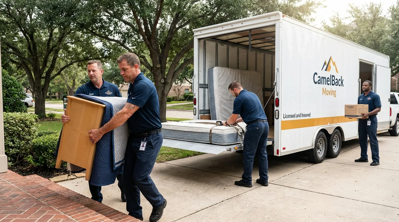 Crew loading residential truck for cross-state move from Fowler, CA