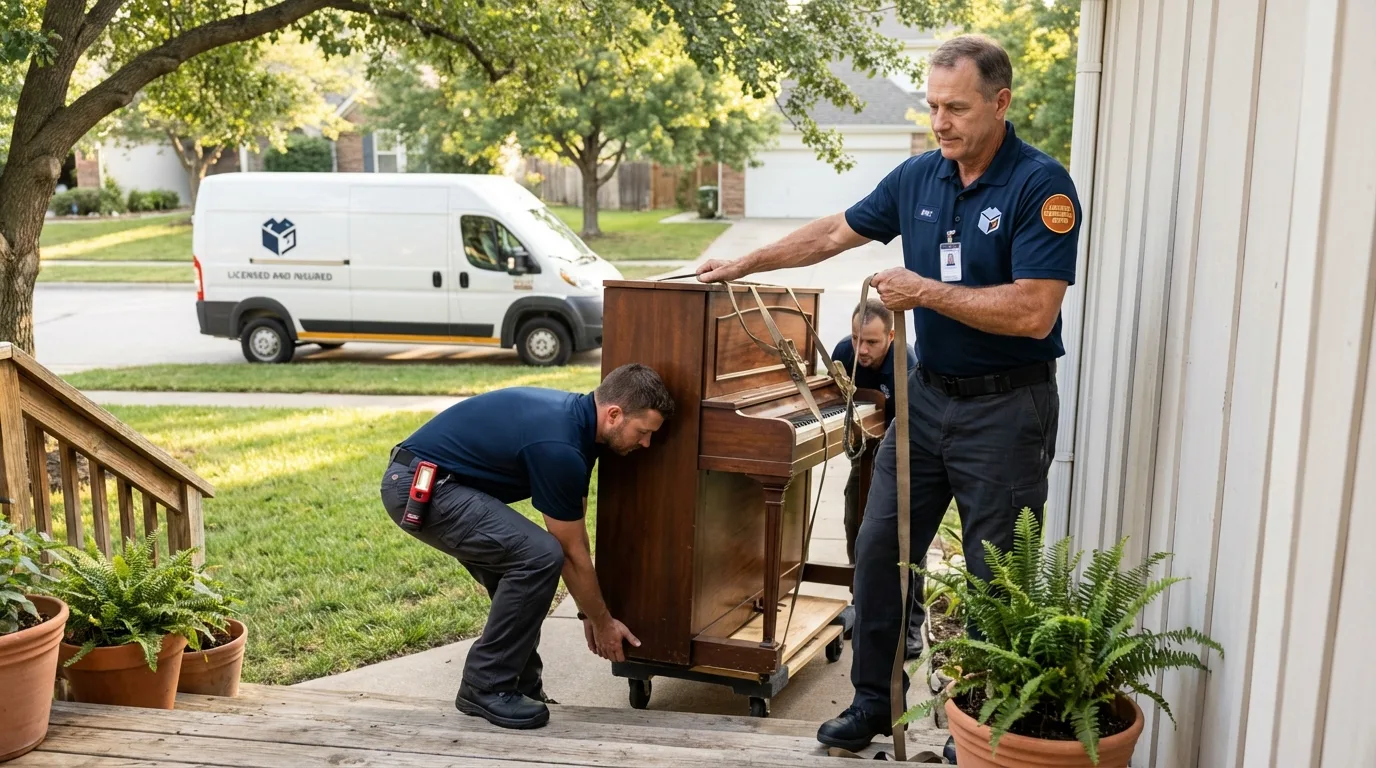 Licensed piano movers securing grand piano in Fowler, CA