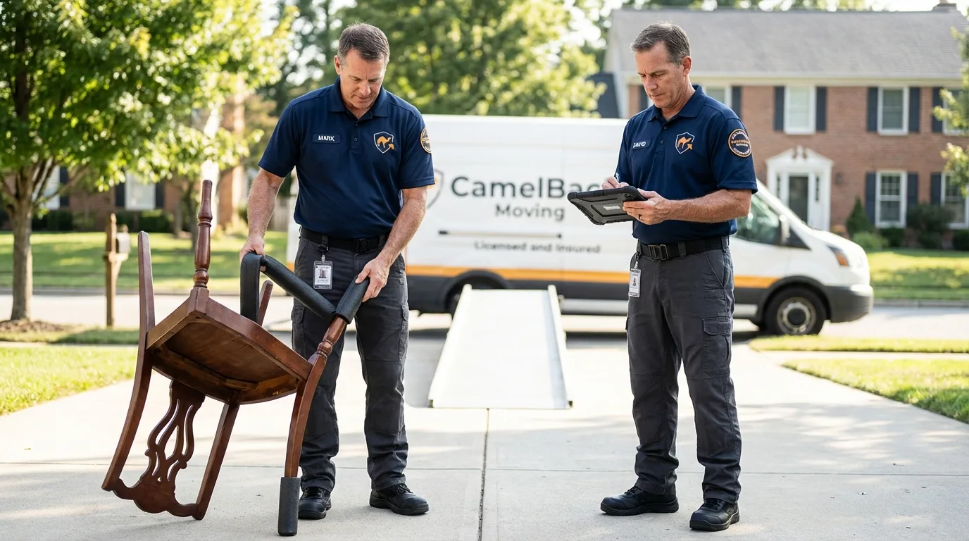 Movers inspecting furniture for damage prevention before loading in Fowler, CA