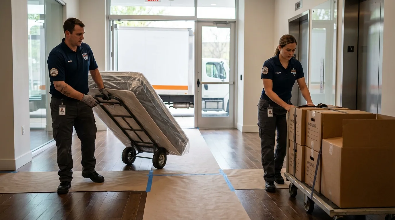 Professional apartment movers loading elevator in Fowler, CA