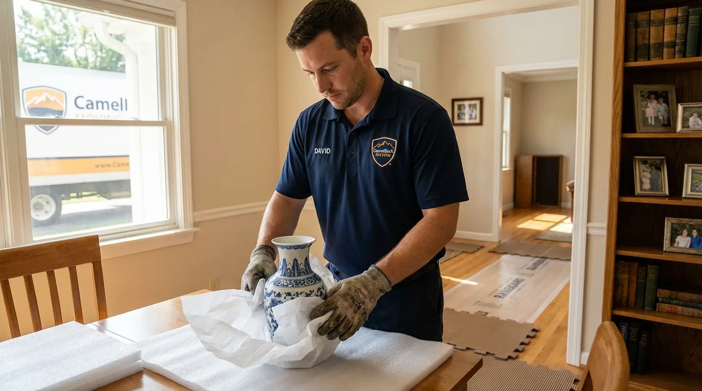 Professional crew carefully wrapping antique vase for senior downsizing move in Fowler, CA