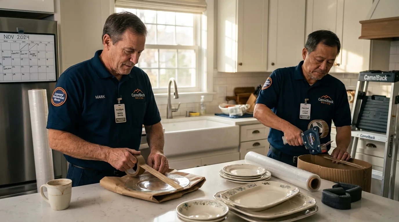 Professional crew packing kitchen dishware in Fowler, CA